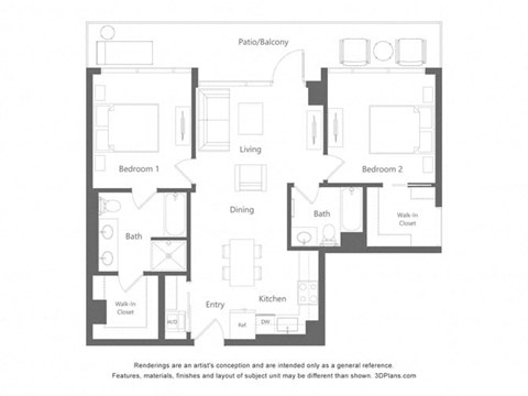 Floor plan for 2 beds, 2 baths, 1077 sqft